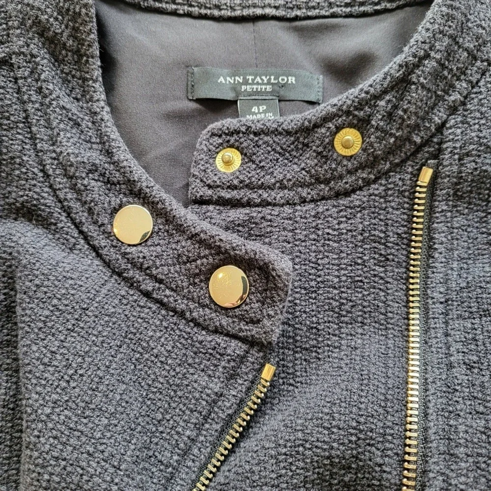 Ann Taylor Petite Moto Jacket Textured Tweed Gold Zip Charcoal Black 4P